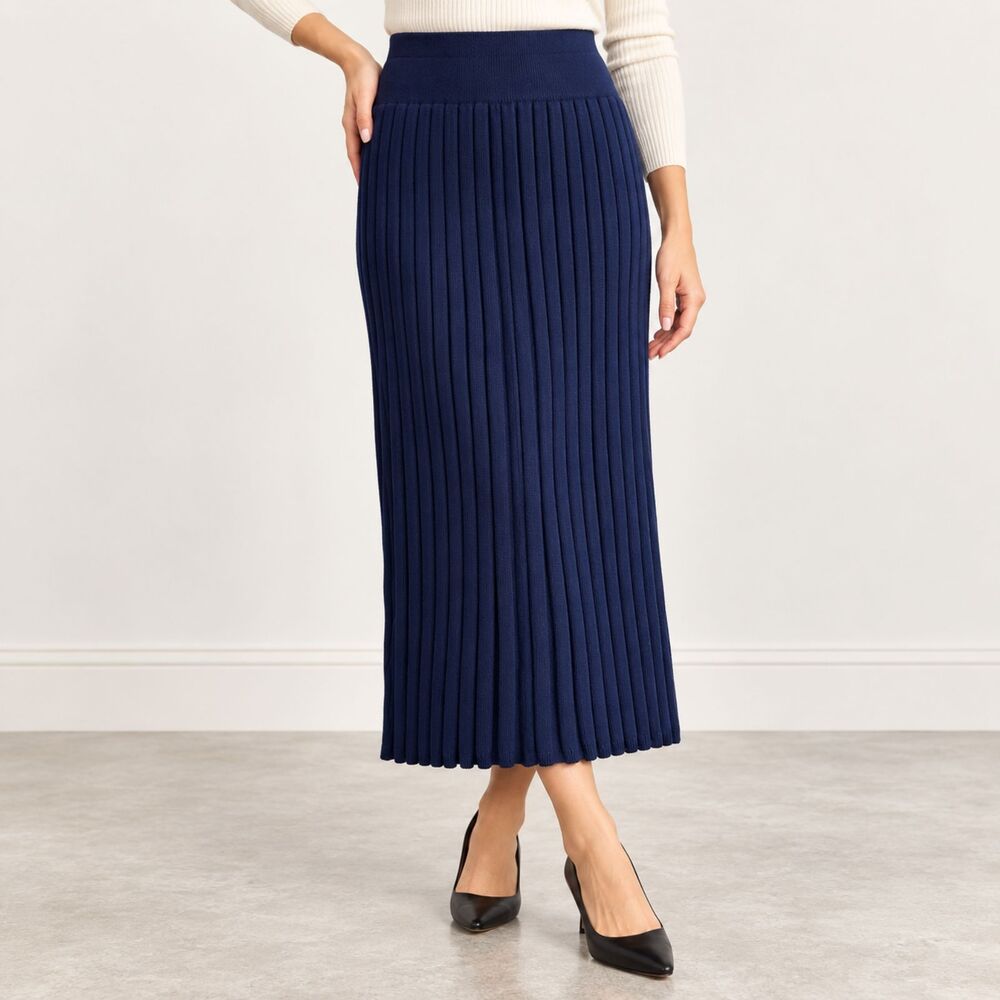 Liz Claiborne Wool Angora Pleated Knit Midi Skirt M Navy Vtg 90s